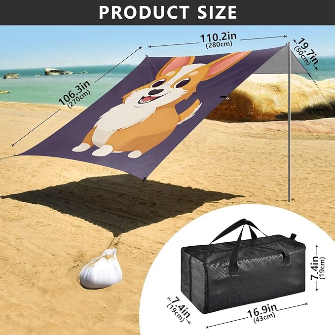 ALAZA Cute Corgi Dog Beach Tent Sun Shelter Portable Canopy Sunshade for Outdoor Camping Picnics Backyard Fun 10x9 ft