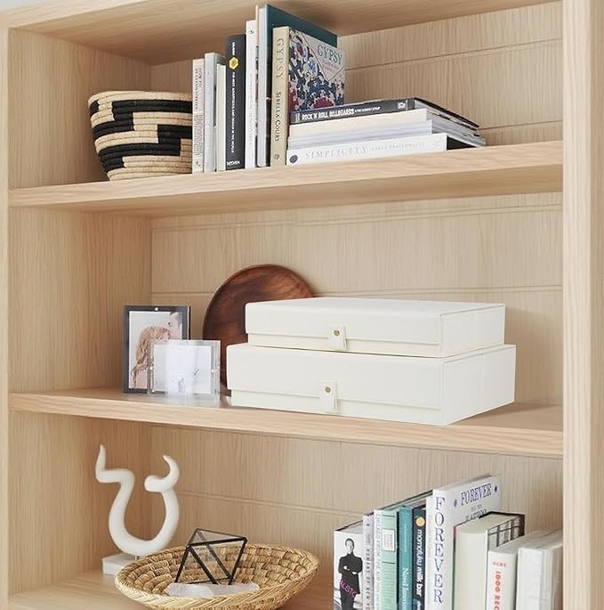 HofferRuffer Photo Storage Boxes with Dust-Proof Lid Set of 2 Faux Leather Lidded Storage Bins Photo Jewelry Scrapbooking Supplies Keepsake Organizer for Elegant Home &amp Office Decor (CreamWhi