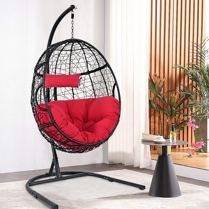 Giantex Hanging Egg Chair Swing Chair with C-Hammock Stand Set Hammock Chair with Soft Seat Cushion &amp Pillow Multifunctional Hanging Chairs for Outdoor Indoor Bedroom (Red)