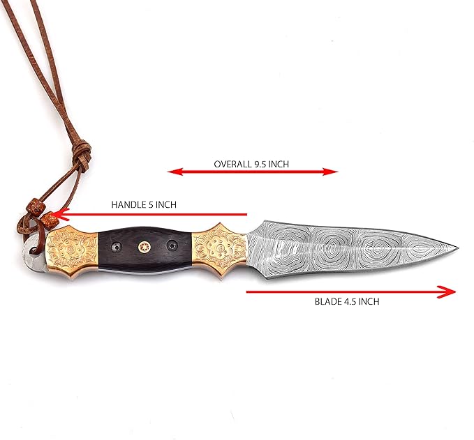 Dessi Damascus Steel Fixed Blade Knife Handmade Hunting Camping Hiking Hand Engraved Copper Bolsters Wenge Wood Handle Leather Sheath SM11