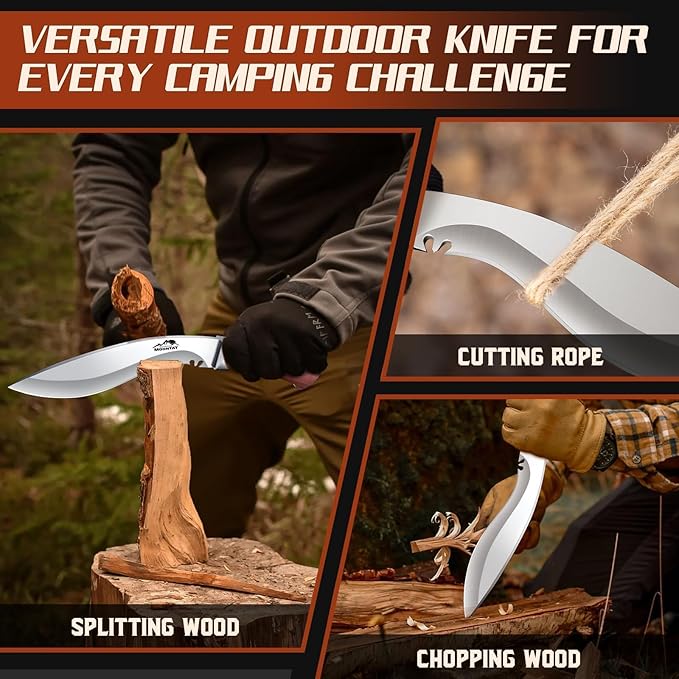 Moontay Fixed Blade Kukri Knife - VG10 Steel Hunting Knife with Sheath Full Tang Survival Knives with Wood Handle for Bushcraft Camping Fishing Hiking BBQ Christmas Gifts for Men and Women