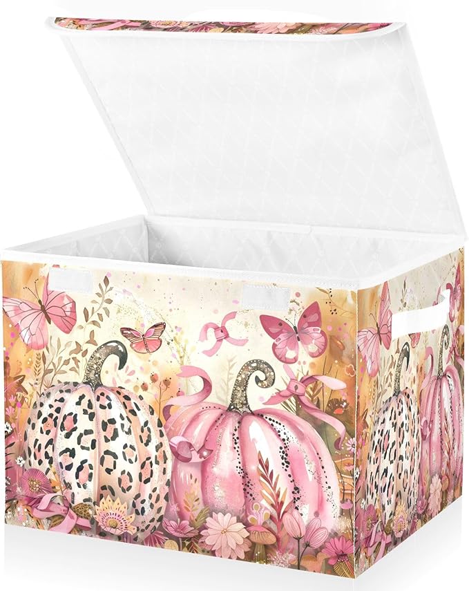 senya Thanksgiving Day Baskets Collapsible Storage Bins with Lids Fall Pink Pumpkin Butterfly Storage Boxes Clothes Baskets for Organizing