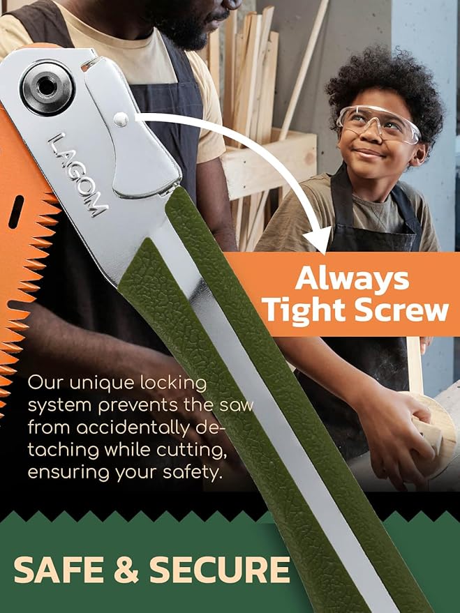 LAGOM Folding Camp Saw for Cutting Branches 11.4 Curved Blade | SK5 Steel Ergonomic Handle One-Hand Use Secure Lock | Foldable Pruning Tool for Camping Gardening Survival Kayaking Outdoors