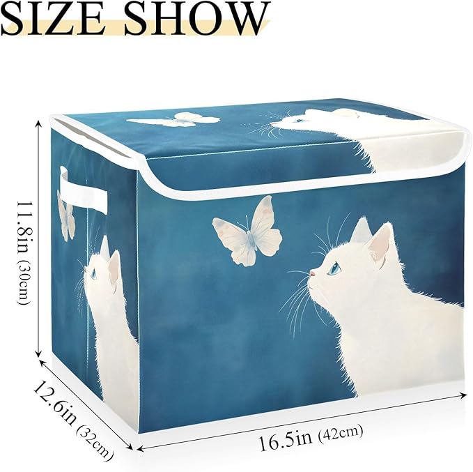 White Cat Butterfly Storage Cube Bins Basket with Lid Collapsible Flip-top Fabric with Handle for Home Bedroom Closet Office 16.5×12.6×11.8 in