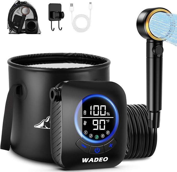 2026 Upgraded Portable Shower for Camping 8000mAh Rechargeable Camping Shower Pump with 5 Gal Foldable Bucket 5 Pressure Modes IPX8 Waterproof Outdoor Shower for Hiking Travel Car Pet Beach