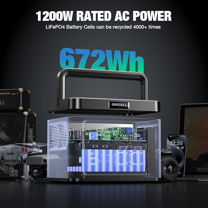 GRECELL 1200W Portable Power Statio with 200W Portable Solar Panel 23.5% High Efficiency Solar Panel 672Wh LiFePO4 Battery Solar Generator with 9 Output Ports for Outdoor Camping RV Travel
