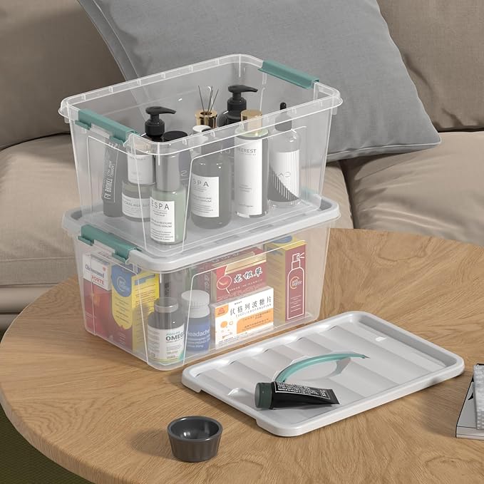 Zopnny 14 Quart Plastic Lidded Storage Bin with Handle Clear Latching Box with White Lid 6 Packs