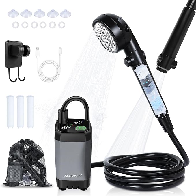 AYAMAYA Portable Shower for Camping 6000mAh Rechargeable Shower Pump with Filtered Shower Head 4 Spray Modes &amp LED Display Outdoor Camp Showers for Hiking Beach Travel Pet Bath Car Washing