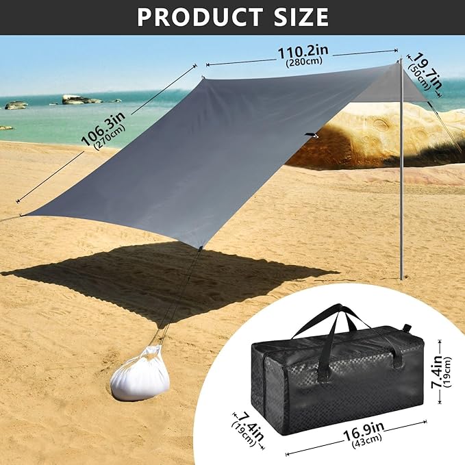 Blue Grey Gradient Beach Cabana Tent UPF50+ Protection Easy Setup Portable Sun Shelter with Sand Pockets for Camping Picnics Backyard