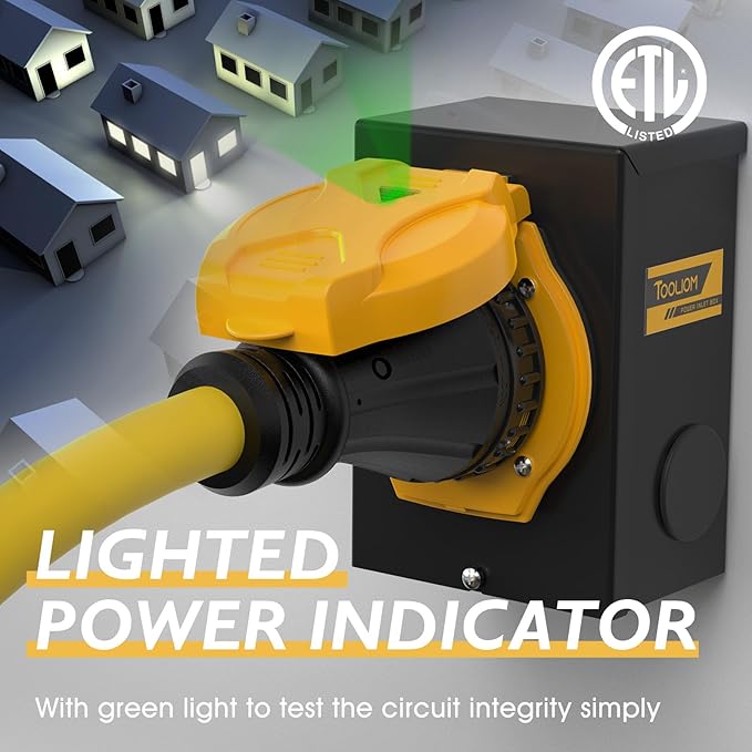 TOOLIOM 50 Amp Generator Power Inlet Box NEMA SS2-50P Power Inlet Box for 3 Prong Generator Cord 125/250 Volt Up to 12500 Watts Weatherproof Generator Inlet Box with Light Indicator ETL Listed