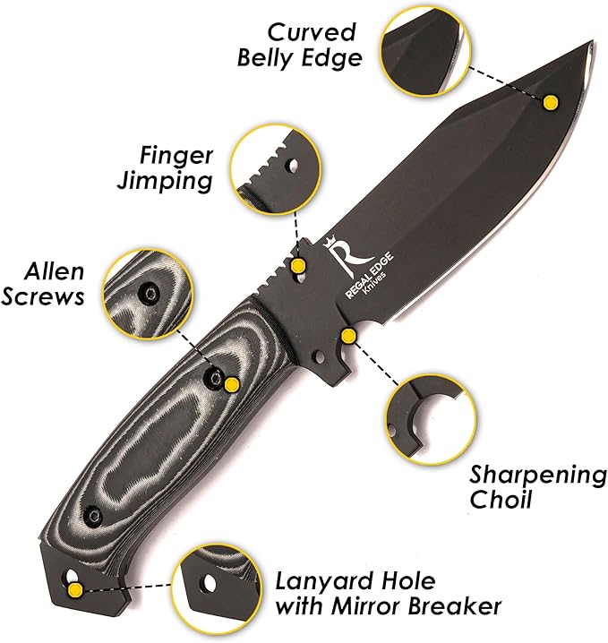 Fixed Blade Knife 10” Hunting Knife With Built-in Military Compass And Leather Sheath - G10 Handle Survival knives for Camping Hiking and Outdoor Use