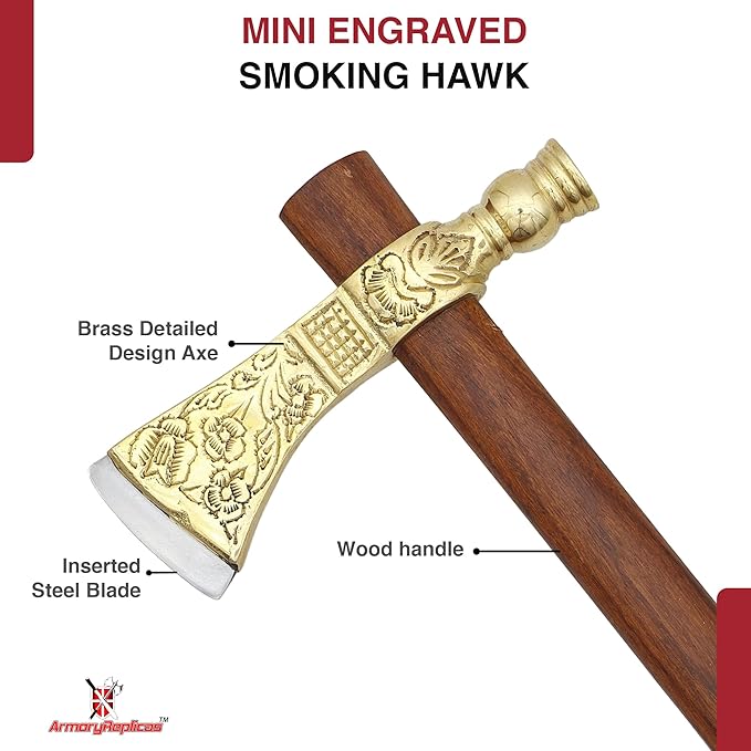 Armory Replicas™ Mini Engraved Smoking Hawk with Brass Axe and Steel Blade – Detailed Handcrafted Collectible