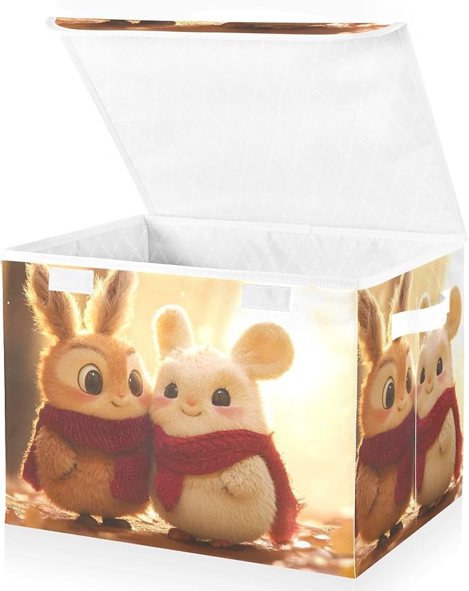 AIXIWAWA Lidded Storage Cube (Love Bunny) Fabric Foldable Closet Bins with Flip Lid and Handles Organizer Basket Container 16.5 x 12.6 x 11.8 IN