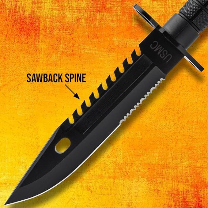 USMC Fixed Blade M9 Knife and Sheath | Officially Licensed 12 Stainless Steel Blade with Non-Reflective Finish | Sawback Spine | TPU Handle | Includes Nylon Sheath | Overall Length 12