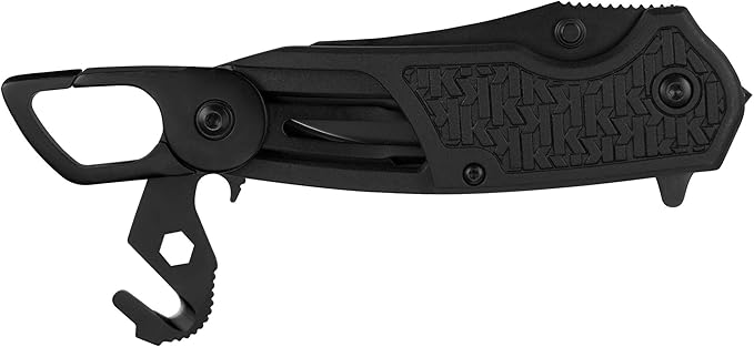 Kershaw Funxion EMT (8100) Multifunction Folding Pocketknife 3 inch Partially Serrated Stainless Steel Blade Carabiner Clip Cord Cutter Screwdriver Tip Hex Wrench Glassbreaker Tip  Black