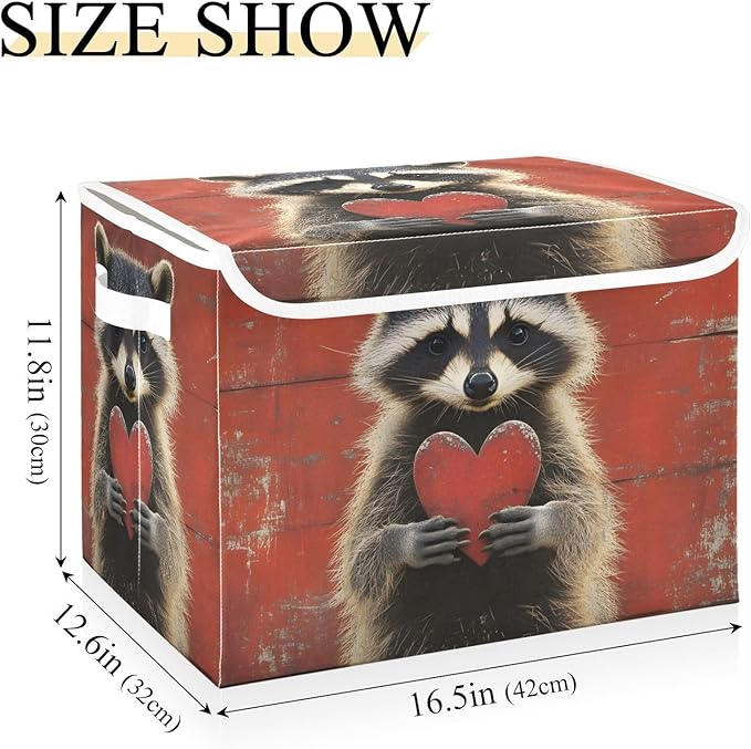AIXIWAWA Lidded Storage Cube (Heart Raccoon) Fabric Foldable Closet Bins with Flip Lid and Handles Organizer Basket Container 16.5 x 12.6 x 11.8 IN
