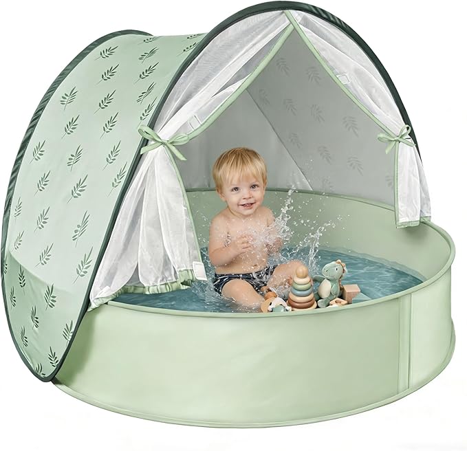 Baby Beach Tent with Pool 3-in-1 Upgrade Pop Up UPF 50+ Sun Protection Shelter with Mosquito Net Babies Toddlers Portable Outdoor Summer Essentials for Beach Backyard Indoor- Green Leaves