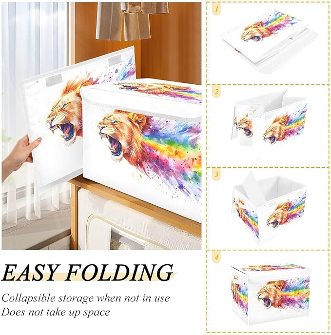 AIXIWAWA Lidded Storage Cube (Lion and Rainbow) Fabric Foldable Closet Bins with Flip Lid and Handles Organizer Basket Container 16.5 x 12.6 x 11.8 IN