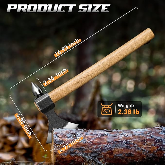 Freelander Throwing Axe with Oak Handle High Carbon Steel Blade and Metal Wedge Outdoor Hatchet with Spike Hammer Back for Camping Chopping and Throwing for Men Women