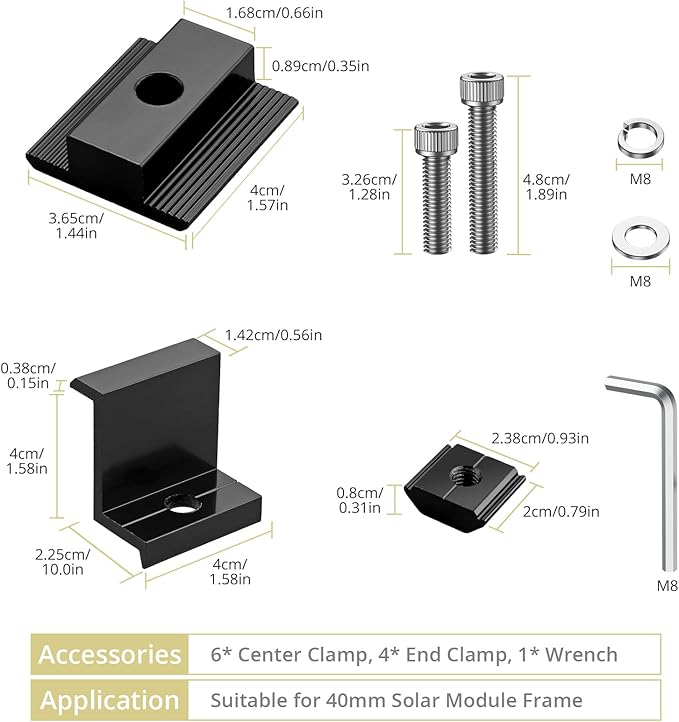 Anbte 10 PCS Solar Panels Brackets 40mm Aluminium 6 x T-Shaped Mid Clamps + 4 x End Clamps Solar Panel Mounting Brackets for Metal Tin Flat Sheet Roofs RV Black