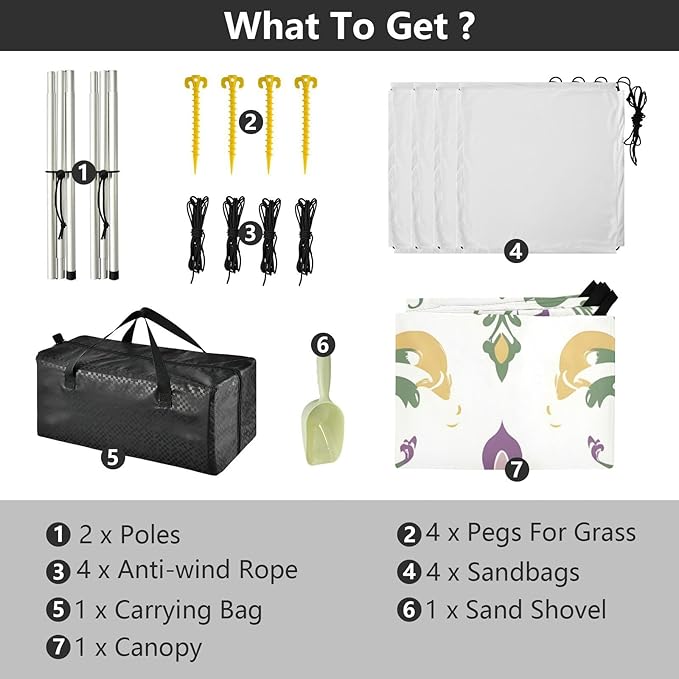xigua Mardi Gras Beach Tent Sun Shelter with Carrying Bag - Silver Coated Oxford Fabric Beach Canopy for Beach Camping Fishing - Includes Windproof Ropes Sandbags &amp Stakes