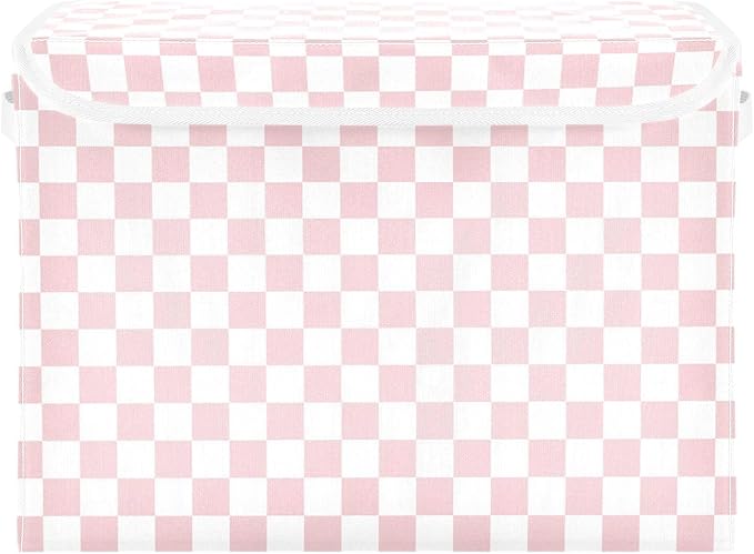 Light Pink White Checkerboard Storage Baskets Lidded Bin Foldable Storage Boxes Cubes Lids with 2 Handles for Organizing Closet Home Office