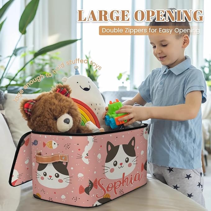 Custom Storage Basket with Name Personalized Storage Bins with Zipper Lid Foldable Fabric Storage Box Large capacity with Handle Cat Pink