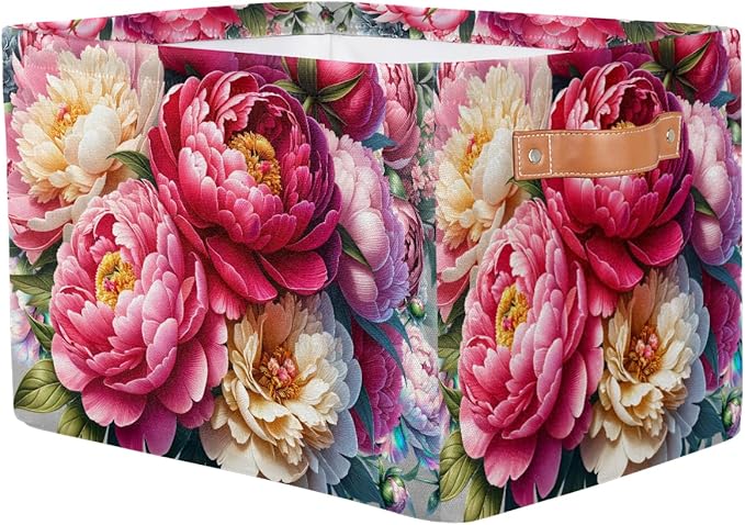 Pardick Basket Storage Bins Pink Flower Floral Rectangle Cube Basket Box Kids Girls Boys Toys Organizer Beaket Decor Foldable with Handle for Living Room Bedroom Closet Nursery Office Shelf Gifts