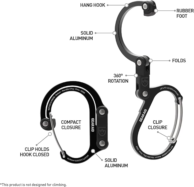 GEAR AID HEROCLIP 360° Swivel Carabiner Gear Clip and Hook (Medium) for Camping Backpack Suitcases and Garage Organization