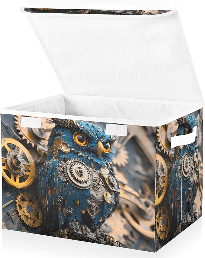 Storage Cube with Lid Steampunk Owl Print 16.5×12.6×11.8 IN Collapsible Large Capacity Foldable Storage Basket Bin Organizer