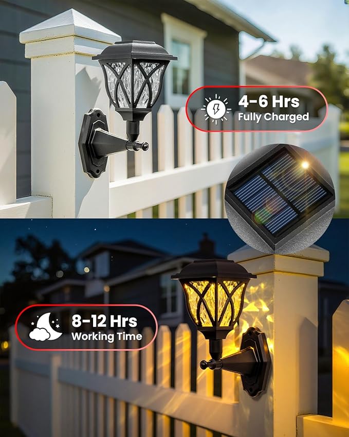 TISEJOY Solar Wall Lights Outdoor Waterproof Warm White Solar Powered Decorative Lights with Auto On/Off for Garden Fence Patio House Backyard Decor (4 Pack)