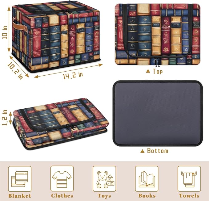 Bookshelf Storage Bins with Zipper Lid Retro Library Fabric Lidded Storage Baskets Cubes with Handles Decorative Foldable Shelf Closet Organizer Container