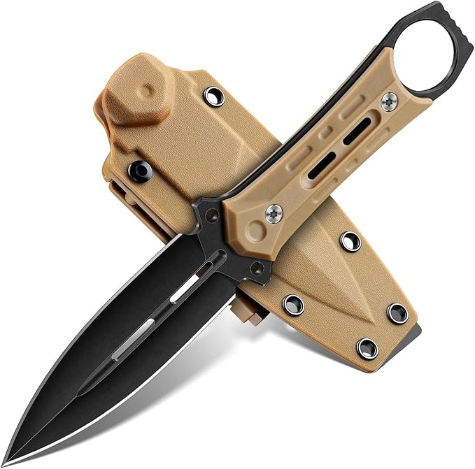 Freelander Fixed Blade Knife with Sheath - D2 Steel Survival Knife Full Tang Camping Knives with Anti-Slip Grip Handle for Bushcraft &amp Outdoor Adventures Gifts for Men Khaki