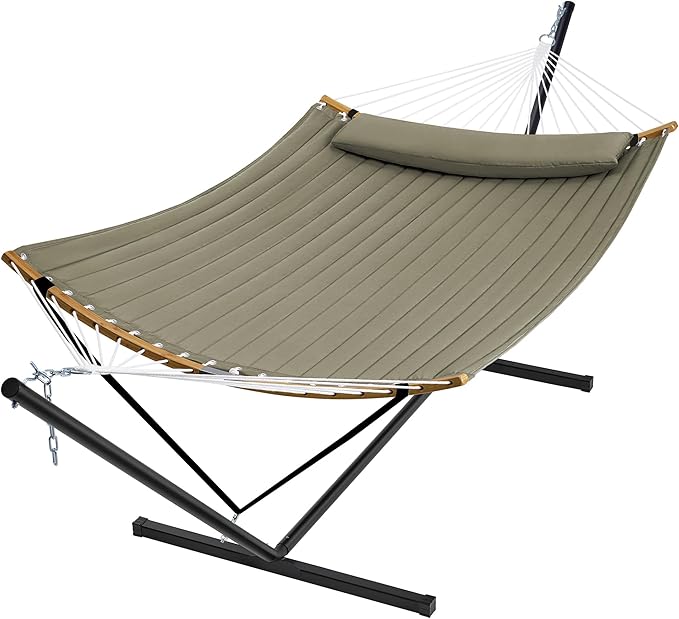 SUPERJARE Curved-Bar Hammock with Stand 2 Person Heavy Duty Hammock Frame Detachable Pillow &amp Portable Carrying Bag Perfect for Outdoor &amp Indoor Olive Gray