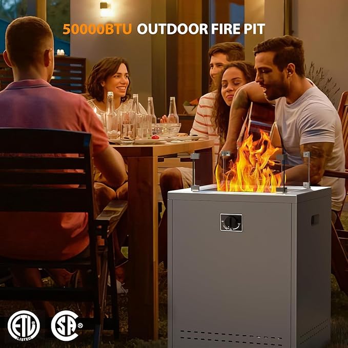 20 Square Smokeless Propane Fire Pit Table 50000 BTU Portable Outdoor Patio Heater with Lava Rocks Glass Wind Guard &amp Cover for Deck Backyard Garden Camping (Black)