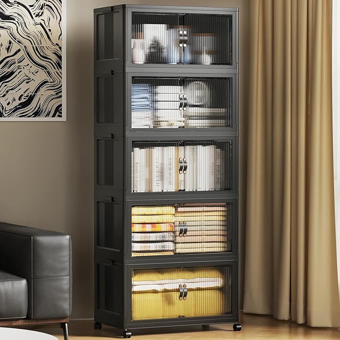 SAILUN 81Gal/325Qt Stackable Storage Bins Folding Collapsible Storage Bins with Lid Closet Organizers and Storage Box with Door Black 22 W x 13 D x 62 H