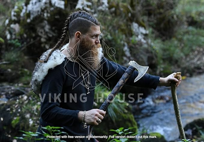 | Viking Axe | Wolf &amp Vegvisir Carbon Steel Axe Head | Wolf Camp Axe | Genuine Leather Sheath &amp Wrap | Bearded Axe | Ragnar Lothbrok Axe...