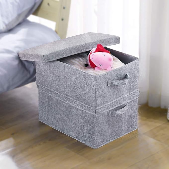 HOONEX Linen Foldable Storage Bins with Lids 2 Pack Storage Boxes with Carrying Handles and Sturdy Heavy Cardboard 16.5 L x 11.8 W x 7.5 H for Shoes Books Clothes Light Grey