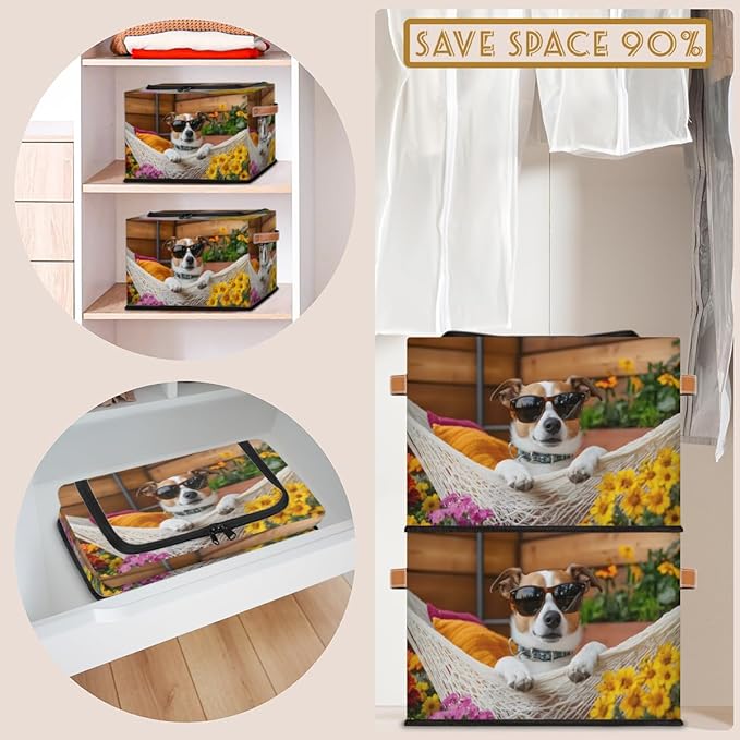 Cute Dog Storage Box with Lid Hawaiian Flower Collapsible Storage Bins Baskets Cubes Closet Shelf Clothes Organizer Containers with PU Leather Handles