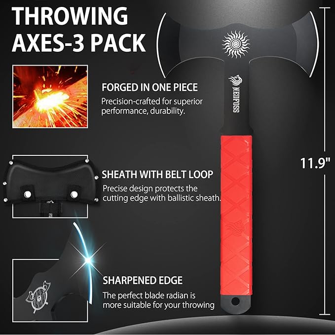 NedFoss Throwing Axes and Tomahawks with Innovative TPR Rubber Handle 11.9 Full Tang Double Bit Throwing Axe Set with Sheath Viking Axe Throwing Game for Recreation and Competition