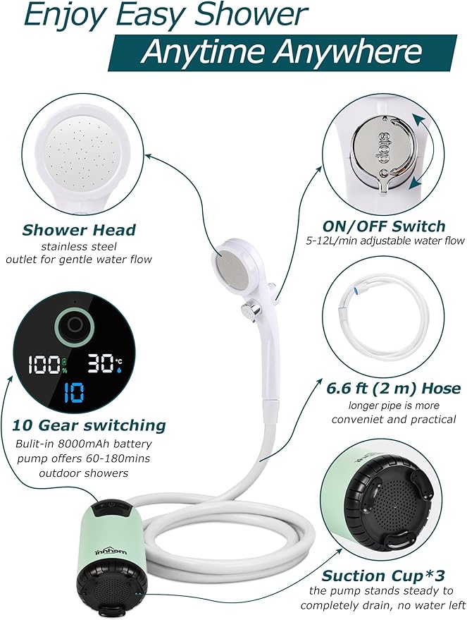 innhom Portable Shower Camping Shower Outdoor Camp Shower Pump Electric Rechargeable Portable Camping Shower Powered by Rechargeable Battery