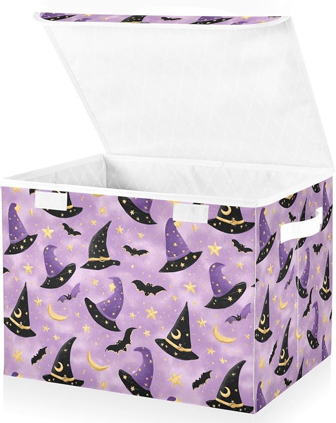 Halloween Purple Wizard Hats Bats Stars Storage Box with Lid 1 PC Foldable Storage Bin with Lids Stackable Storage Bins Cube Closet Organizer Basket with Flip-Top Lid &amp Handles for Shoes Books Tow