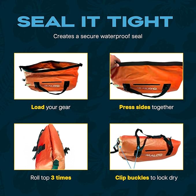 Malo’o Waterproof Dry Duffel Heavy-Duty Roll Top Waterproof Gear Bag with Shoulder Strap &amp Molle Loops Marine Duffel for Kayaking Boating Camping Beach &amp Travel Orange 100L