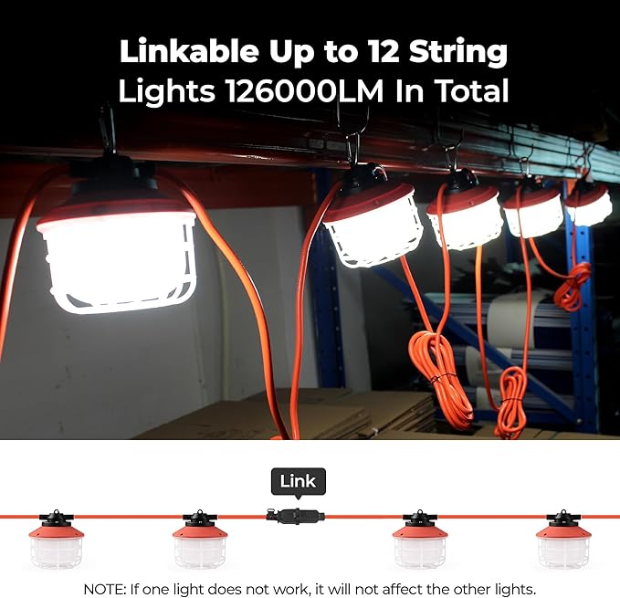 50FT Construction String Lights：75W 10500LM Linkable Super Bright LED String Work Lights for Construction Sites Temporary Work Jobsite IP65 Waterproof 18AWG Wire Work Light with Cage