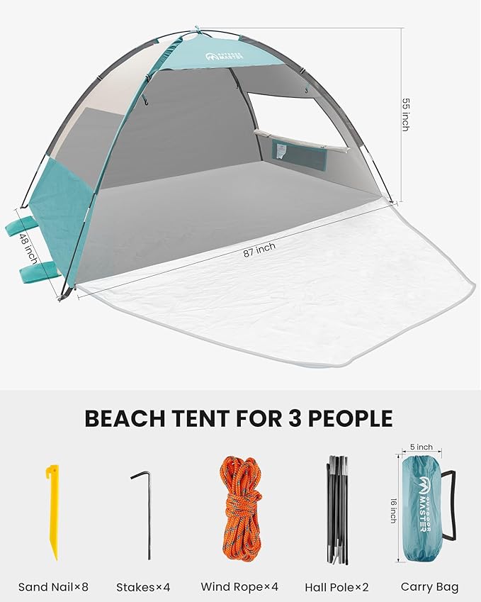 OutdoorMaster Beach Tent Sun Shelter with 2 Ventilated Doors UPF50+ Easy Setup Beach Tent Canopy for 3 Person Lightweight &amp Portable Family Beach Umbrellas for Sand with Carrying Bag-Cancun Seas