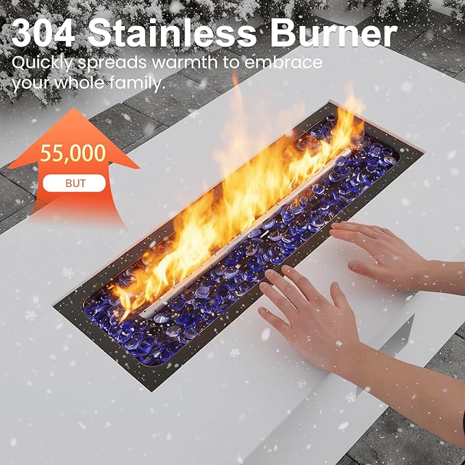 42 Propane Fire Pit Table Set with Tank Holder Rectangle 2-Piece Outdoor Firepit Wind Guard Lid Glass Stones and Cover