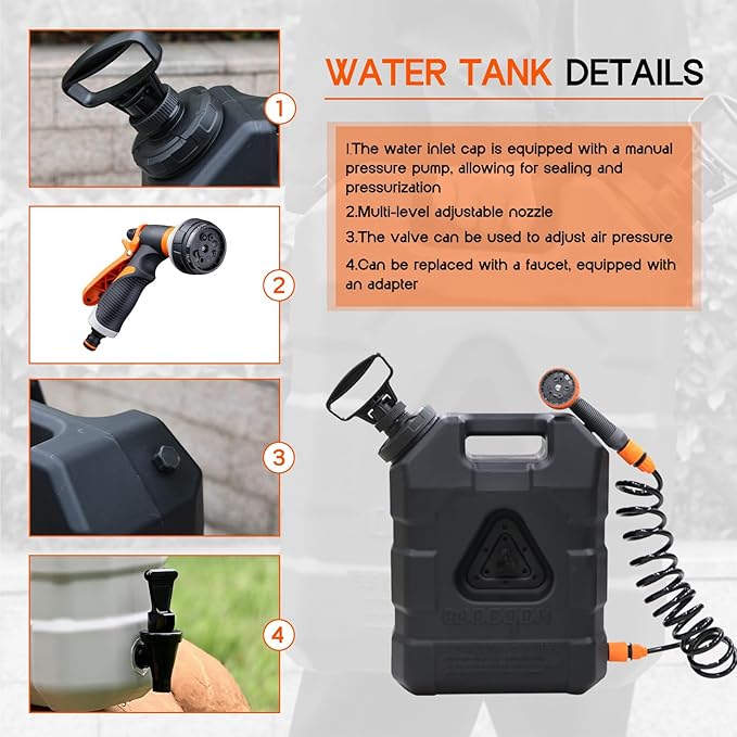 5.5 Gallon Portable Water Tank with Pump and 8 Modes Sprayer Emergency Water Container for Camping Shower Off Road Shower Outdoor Hiking Picnic (Pressurized Water Tank Bracket Set)
