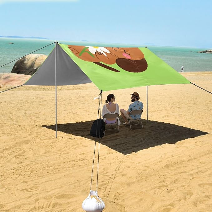 ALAZA Brown Dog with Daisy Beach Tent Sun Shelter UPF50+ Protection Beach Shade Canopy w/ 4 Sandbags for Outdoor Camping Fishing Backyard Fun Picnic 10x9 ft