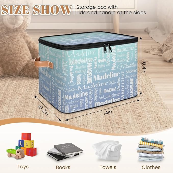Custom Storage Basket with Name Personalized Keepsake Box with Zipper Lid Foldable Fabric Memory Bin Large capacity with Handle Green Blue Gradient