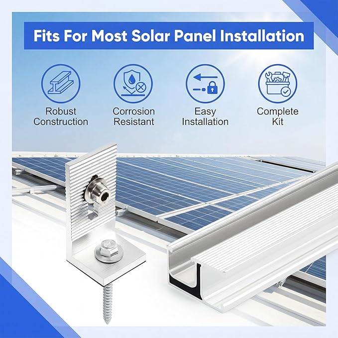 Solar Panel Mounting Rail Kit for 5 x 320W Panels Includes 8 x 47.2 Aluminum Rails Adjustable Clamps L-Brackets &amp Grounding Lugs Universal Racking for Metal Tile Shingle Roof